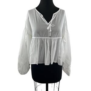 Eri + Ali White Cotton Poplin Tie V-Neck Long Sleeve Ruffle Sheer Top Blouse S